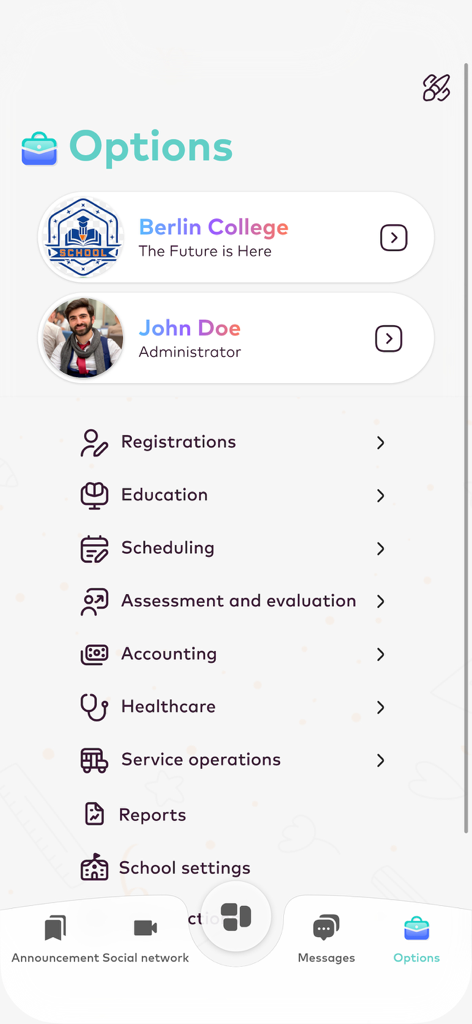 Ekid+ - Painel do administrador do aplicativo de gestão escolar Ekid plus mostrando vários módulos como agendamento, contabilidade e relatórios