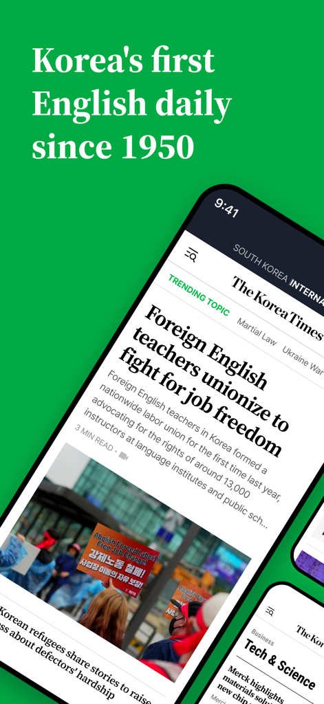 The Korea Times - The Korea Times app screenshot featuring a news article about English teachers in Korea and the text Korea's first English daily since 1950.