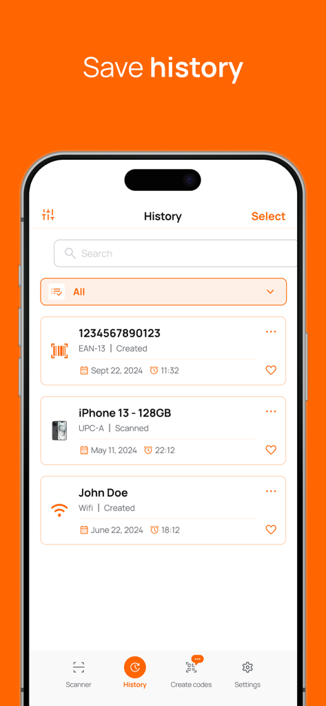 Mobile app interface showing a list of saved QR and barcode scans in the history tab