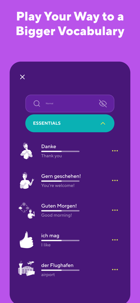 Language Learning Games: Drops - Drops-App-Oberfläche mit einer Liste essentieller deutscher Wörter und Sätze mit einfachen Symbolen.