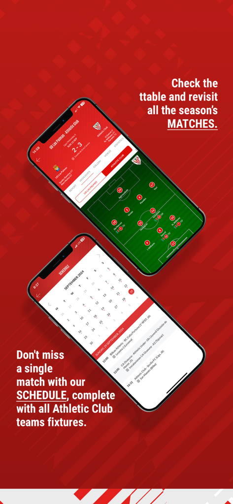 Athletic Club app interface showing match scores and team fixtures