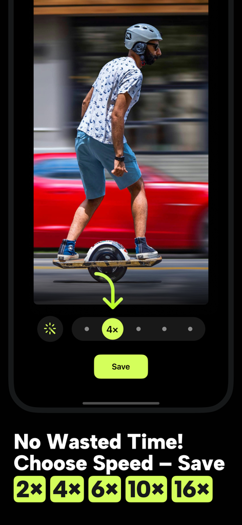 Hyperlapse Timelapse Video Cam - Interface de l'application Hyperlapse montrant les options de sélection de la vitesse vidéo et un bouton d'enregistrement pour un montage rapide