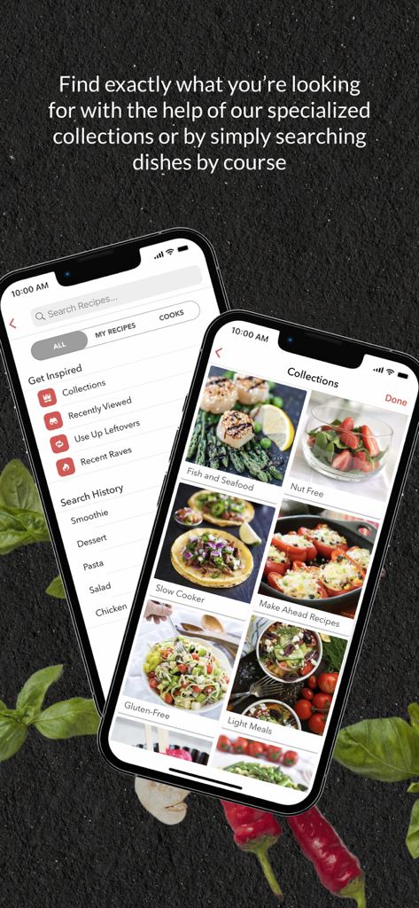 Search interface and recipe collections in the BigOven app including Gluten-Free and Slow Cooker categories.