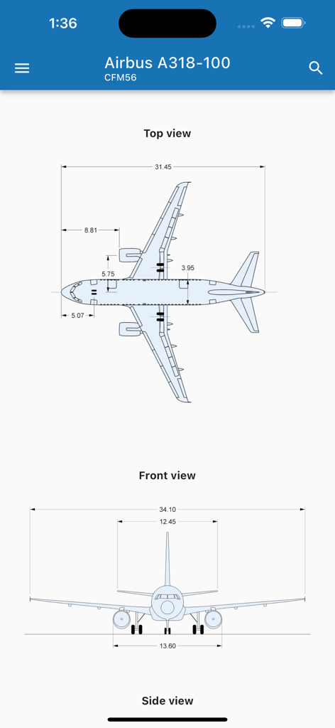 Top and front technical views of an Airbus A318-100 with dimensions