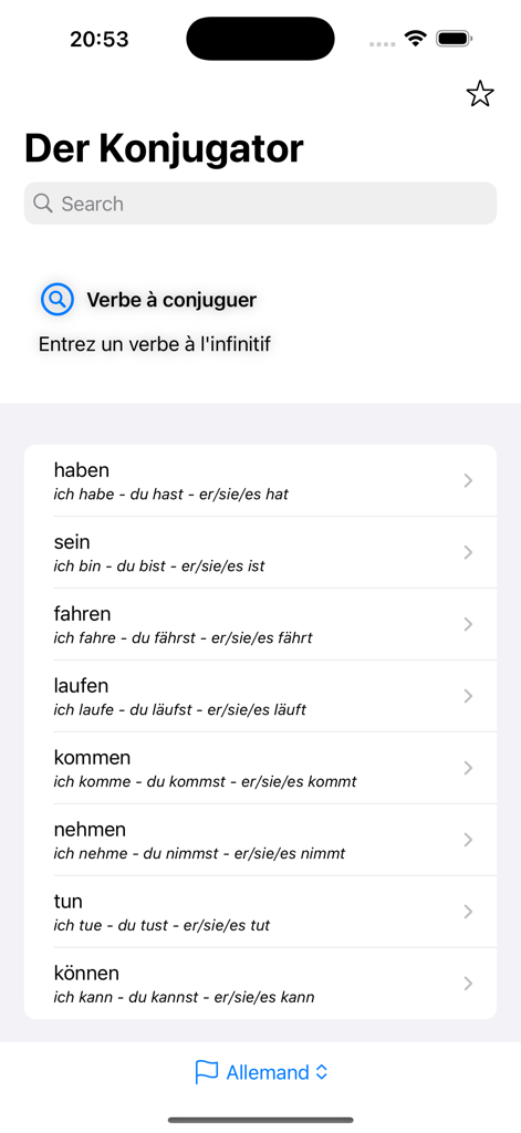 Il Coniugatore - Search screen of the Il Coniugatore app showing a list of German verbs and their conjugations