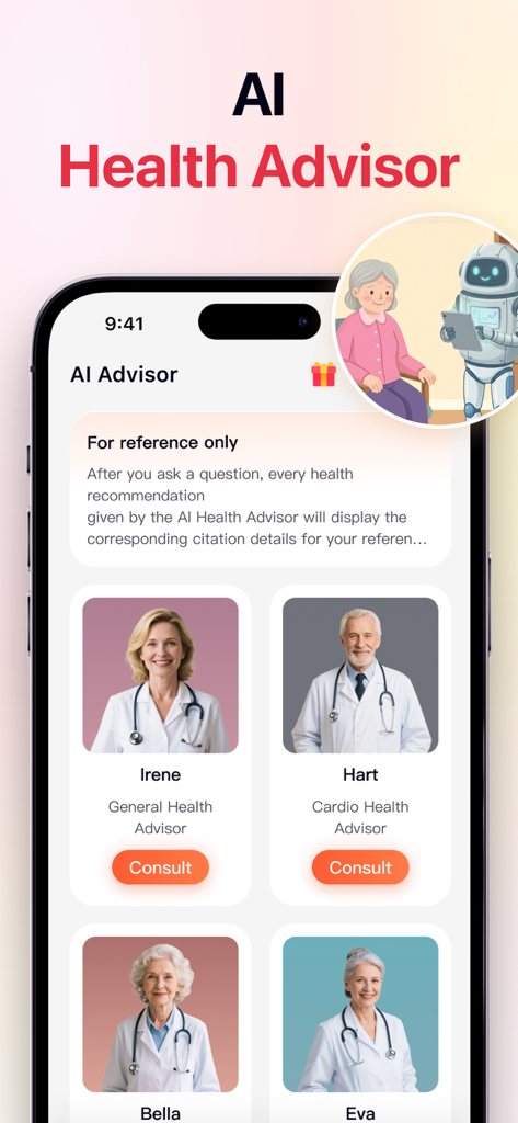 Health Monitor- AI & Track BP - Pantalla del Asesor de Salud IA en la aplicación Monitor de Salud con médicos virtuales para consultas de salud.