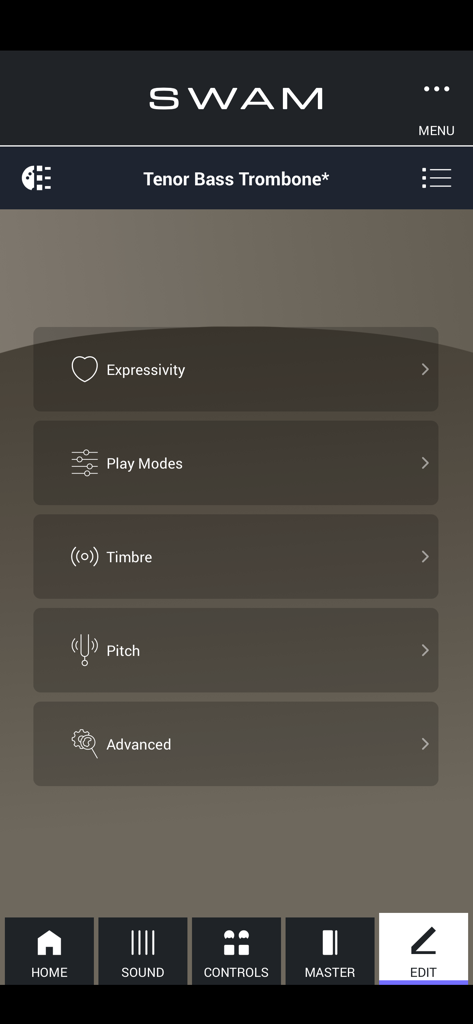 Menú de edición de la aplicación SWAM Tenor Bass Trombone que muestra configuraciones para modos de interpretación expresivos, timbre y tono.