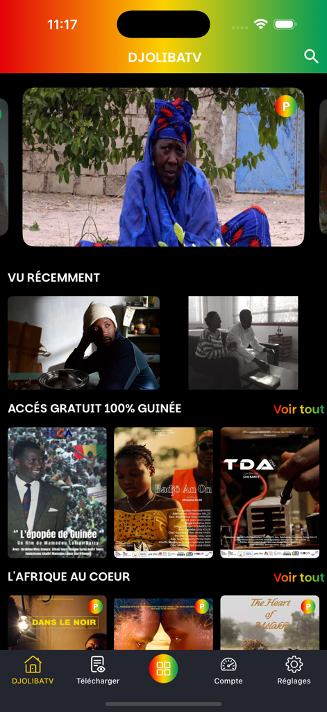 Djoliba TV - Djoliba TV home screen featuring Guinean and African cinema content