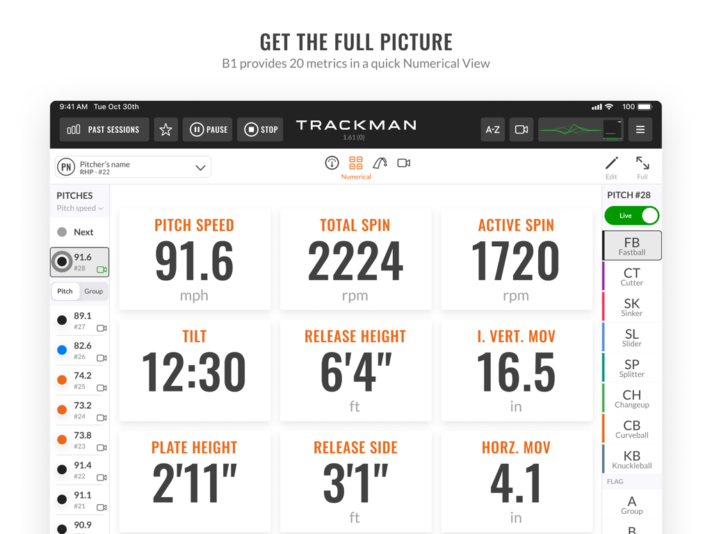 Tableau de bord numérique de Trackman Baseball Pro affichant la vitesse du lancer et les métriques de spin sur un iPad