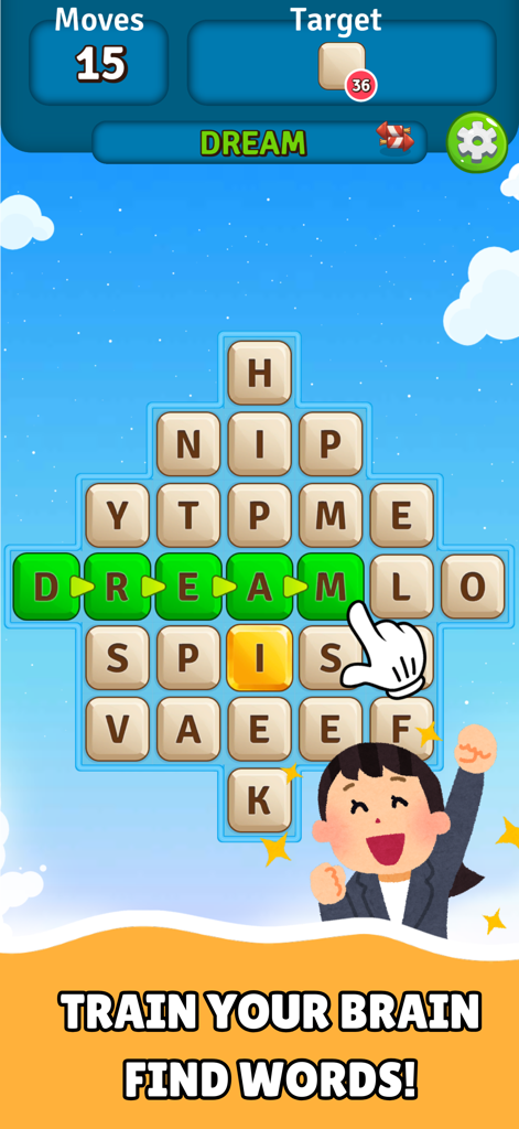 Alphabet Scape: Find Words! - A gameplay screen of the Alphabet Scape word puzzle app showing a player connecting letters to form the word DREAM