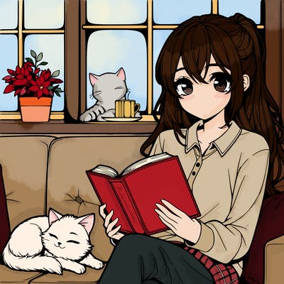 pretty realistic anime girl reading a book on her couch with a window behind the couch, and a cat sleeping on the couch
