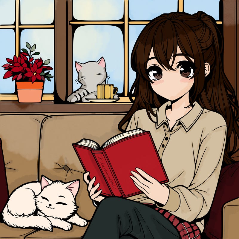 pretty realistic anime girl reading a book on her couch with a window behind the couch, and a cat sleeping on the couch