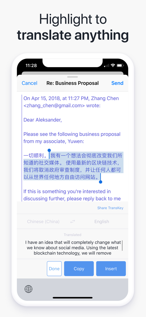 Extension de clavier TransKey traduisant du texte surligné dans une application de messagerie mobile