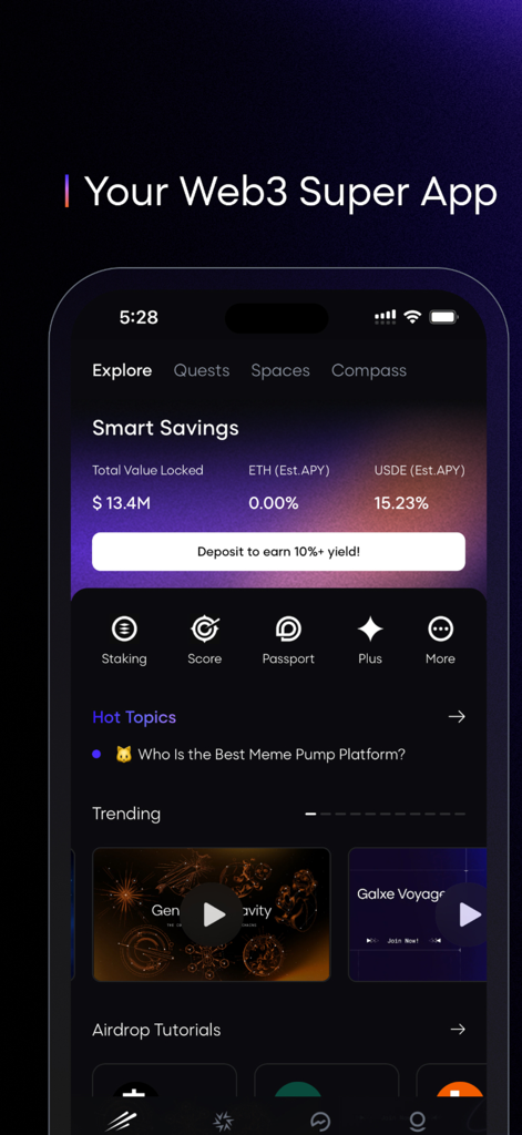 Galxe - Captura de pantalla de la pantalla Explorar de la aplicación Galxe con Smart Savings y descubrimiento de proyectos Web3