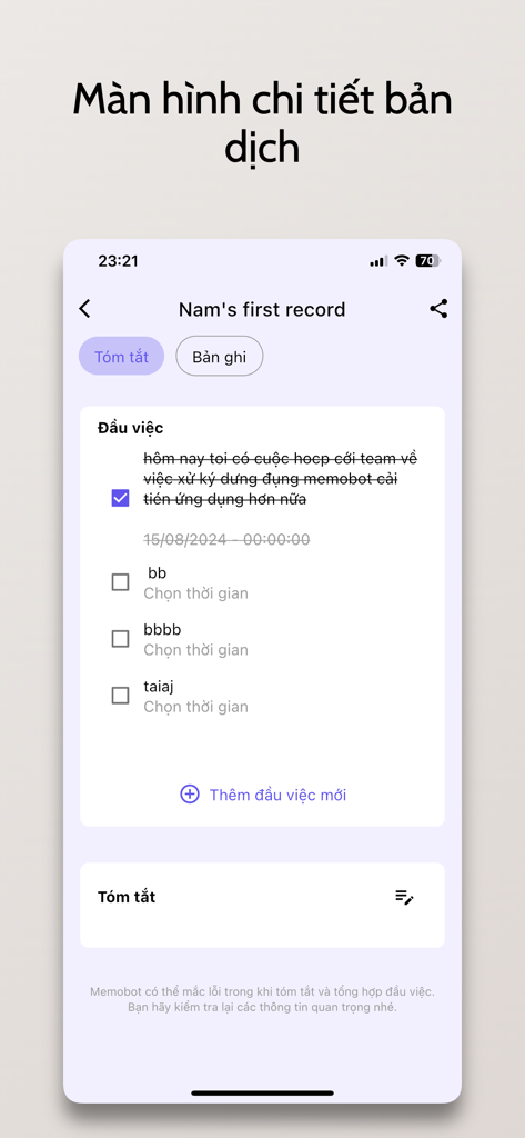 memobot - Memobot mobile app interface displaying AI-generated tasks and a meeting summary.