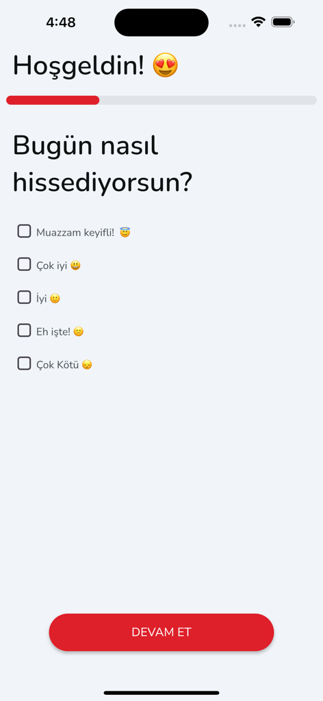Aktüel Ürünler - Tüm Marketler - Welcome screen of the Aktuel Urunler mobile app showing a mood selection survey
