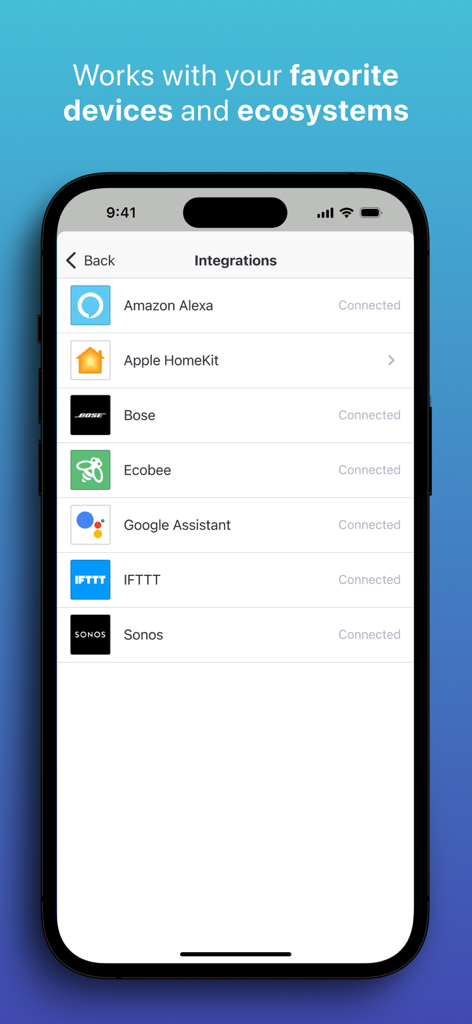 Abode - Abode app screen displaying compatible smart home integrations like Amazon Alexa Apple HomeKit and Google Assistant