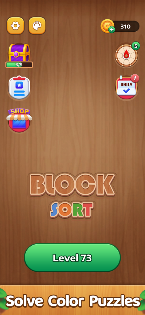 Block Sort: Color Puzzle Games - Pantalla de inicio de Block Sort Color Puzzle Games con botón de inicio de nivel e iconos del juego