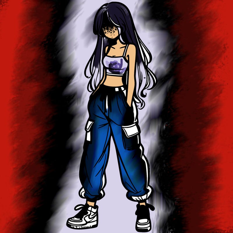 girl in baggy pants crop top and long hair