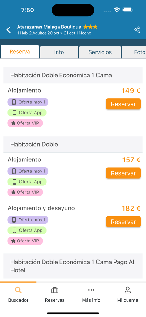 QueHoteles.com - QueHoteles app interface showing various room types and pricing for hotel booking