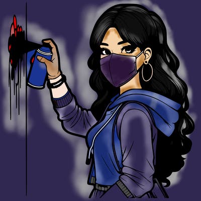 realistic girl with mask spray painting a wall