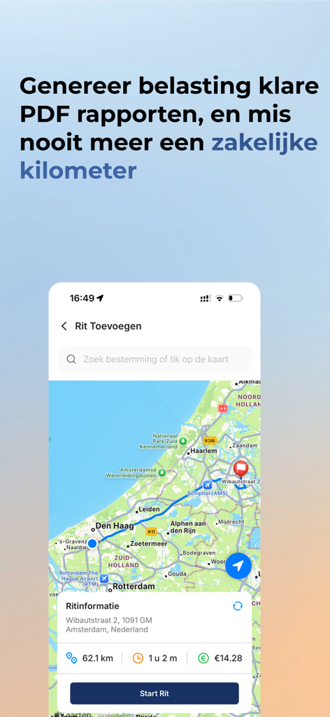 Ritly app interface showing a mapped business trip with distance and duration for tax reporting.