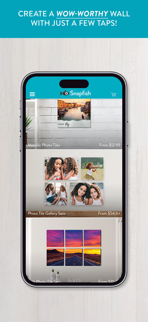 Snapfish mobile app displaying various custom photo tiles and wall art sets for home decor.