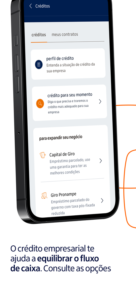 Itaú Empresas: Conta PJ - 운영 자본 및 신용 프로필과 같은 기업 신용 옵션을 보여주는 Itaú Empresas 앱 화면