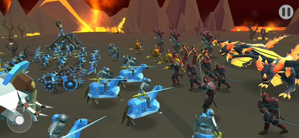 Epic Battle Simulator 2 - A massive 3D fantasy battle featuring knights and a fire dragon in a volcanic arena