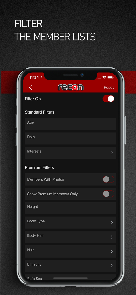 Search filters screen in the Recon app for finding fetish men