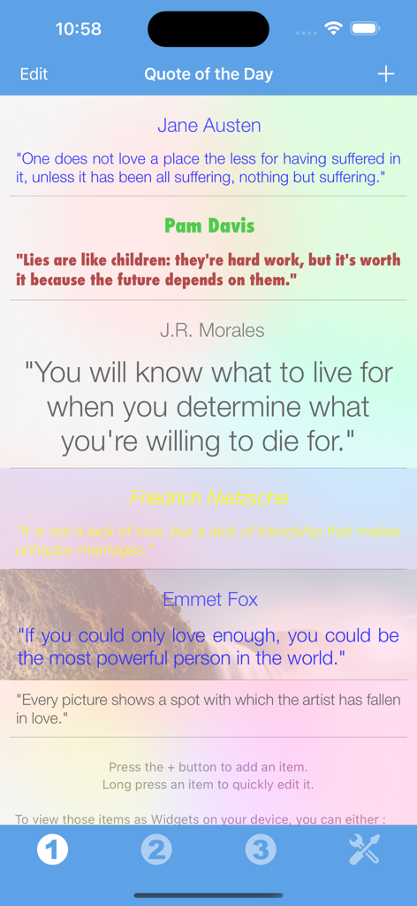 Quote of the Day Widget - Uma lista de citações diárias com diferentes estilos de fonte e cores de fundo