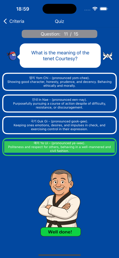 DojangIQ - A screenshot of the DojangIQ app showing a Taekwondo theory quiz question about the meaning of courtesy with the correct answer selected.