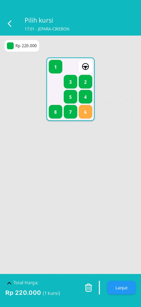 Rimba Raya Travel - Mobile app interface for selecting seats in a shuttle van for the Jepara to Cirebon route