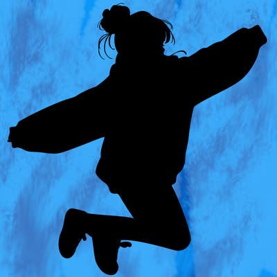 realistic girl jumping with a bun and oversized sweatshirt