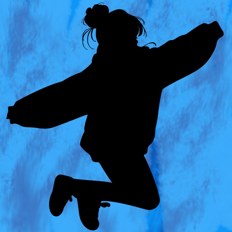 realistic girl jumping with a bun and oversized sweatshirt