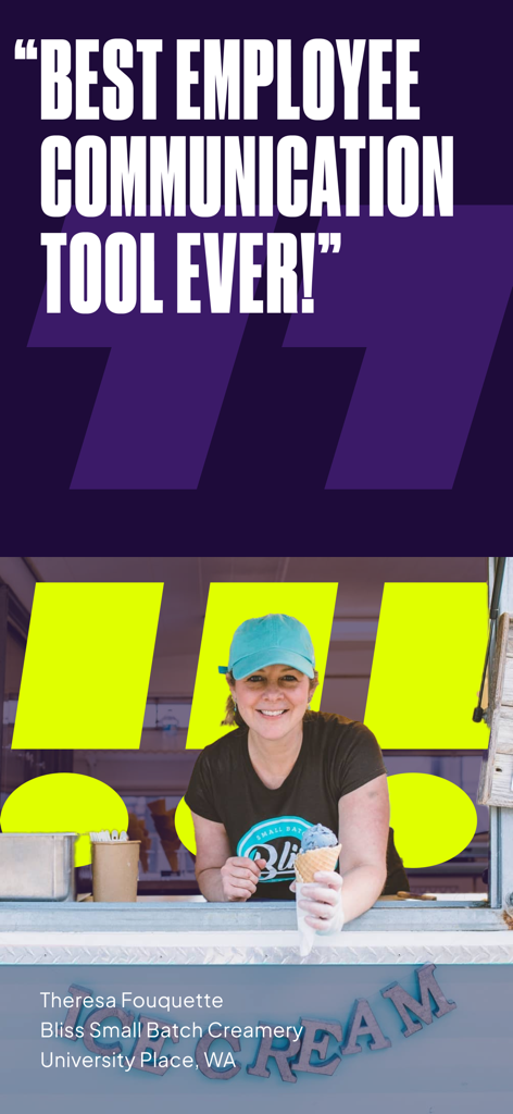 Homebase: Team Management - A customer testimonial for Homebase app featuring an ice cream shop owner and the quote Best Employee Communication Tool Ever