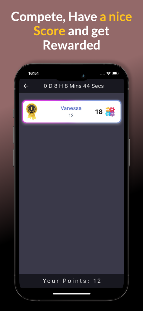 PlayWell - Play and earn - A mobile app interface from PlayWell showing a user leaderboard with points and a competition countdown timer.