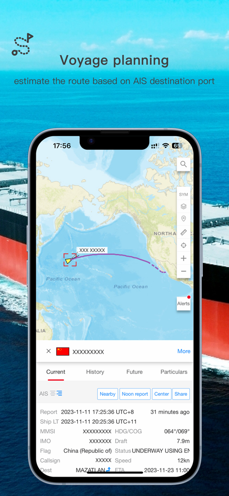 hiFleet app interface showing voyage planning with a ship trajectory across the Pacific Ocean based on AIS data.