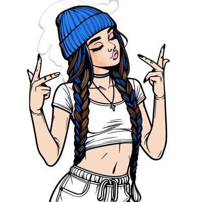 realistic teenage girl with braids and a beanie and crop top doing 🫶🏼