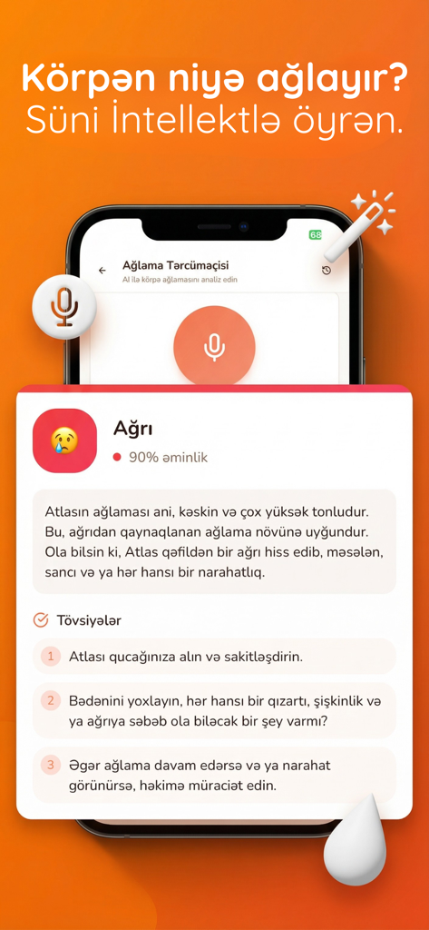Anacan - Interfaz de la aplicación Anacan que muestra la función del traductor de llantos de bebés con IA analizando un llanto y proporcionando consejos en azerbaiyano