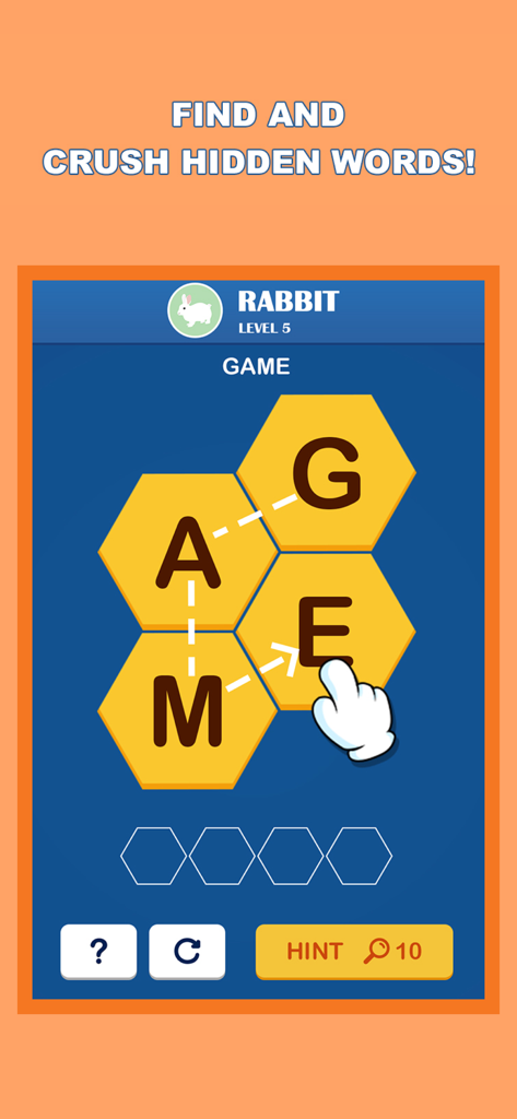 Gameplay of Wordful Hexa-Brain Word Search showing a word puzzle with hexagonal letter tiles