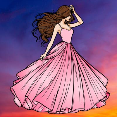 realistic woman with dress flowing in the wind