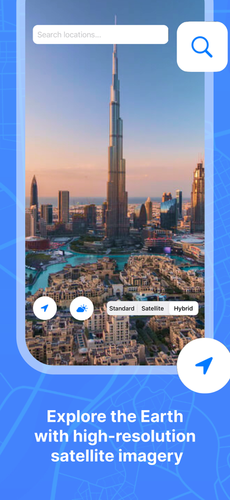 Interfaz de Horizon Maps 3D que muestra una vista satelital de alta resolución del Burj Khalifa