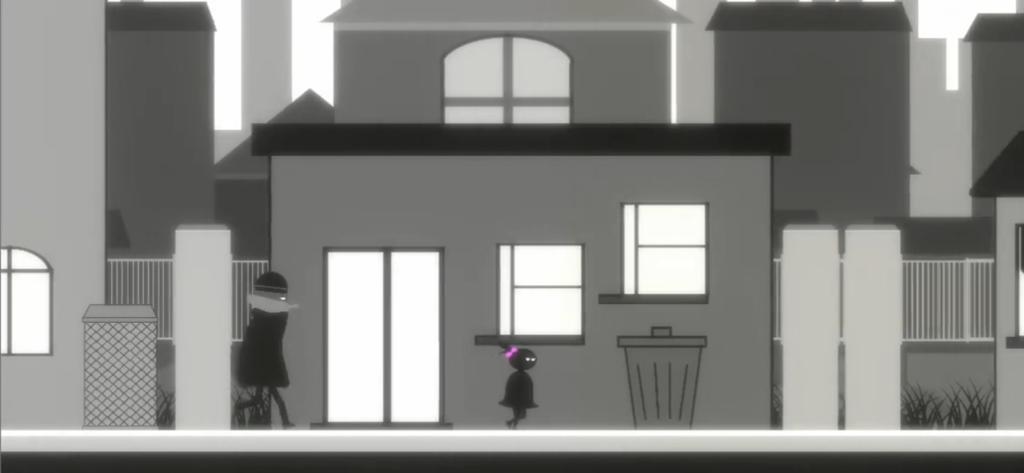Virago: Herstory - Willow walking through a monochrome town in the game Virago Herstory