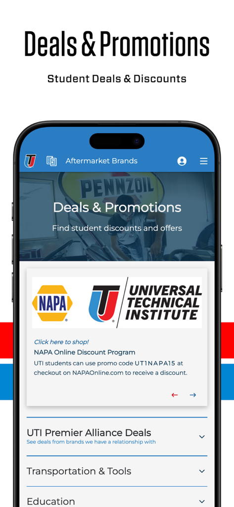 UTI Go app interface showing student discounts and promotions with a NAPA online discount program for students.