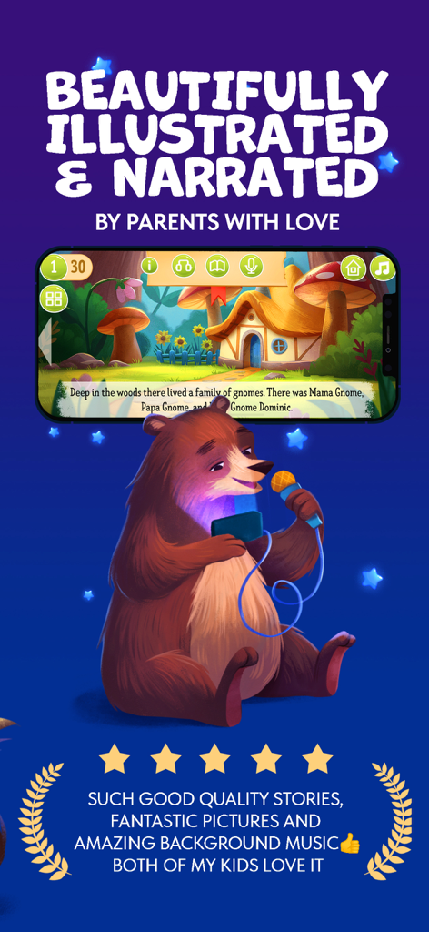 Kidabook App-Bildschirm mit wunderschön illustrierten Geschichten und einer Bärenfigur, die eine Guten-Nacht-Geschichte erzählt