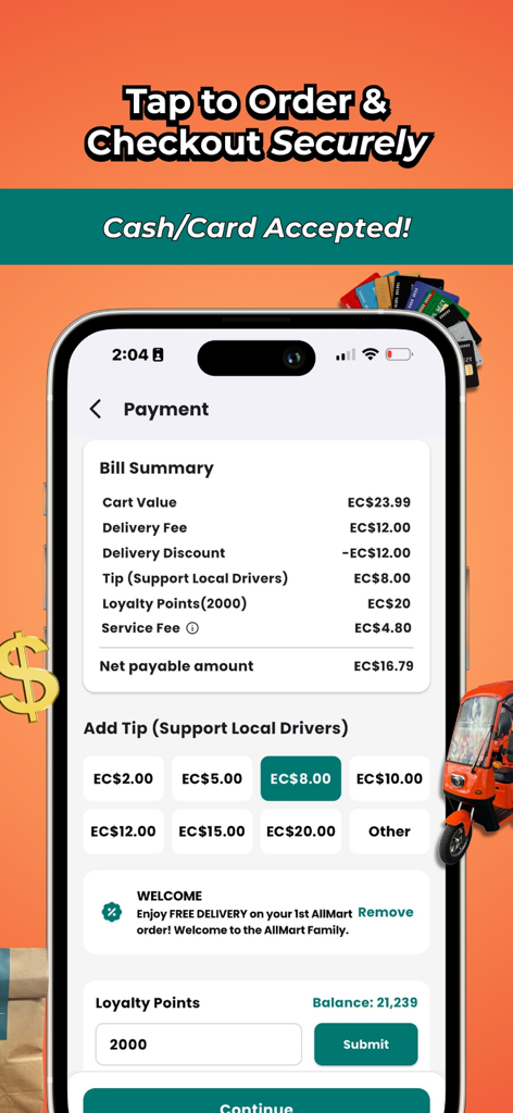 AllMart - Local Marketplace - Página de checkout do aplicativo móvel AllMart mostrando o resumo da conta, seleção de gorjeta e pontos de fidelidade.