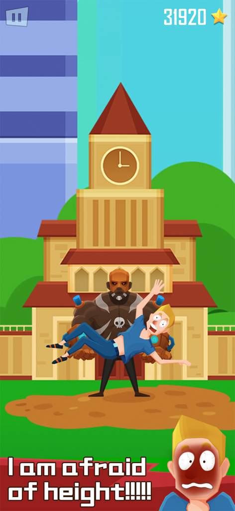 Buddy Toss - Muscular character catching a terrified blonde man in the Buddy Toss mobile game
