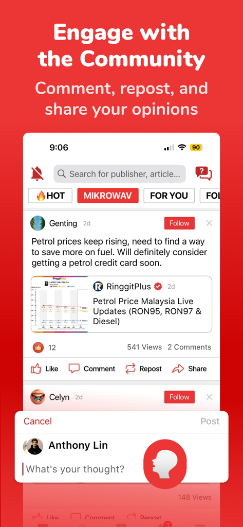 Newswav app interface showing users engaging with the community by commenting and reposting news stories.