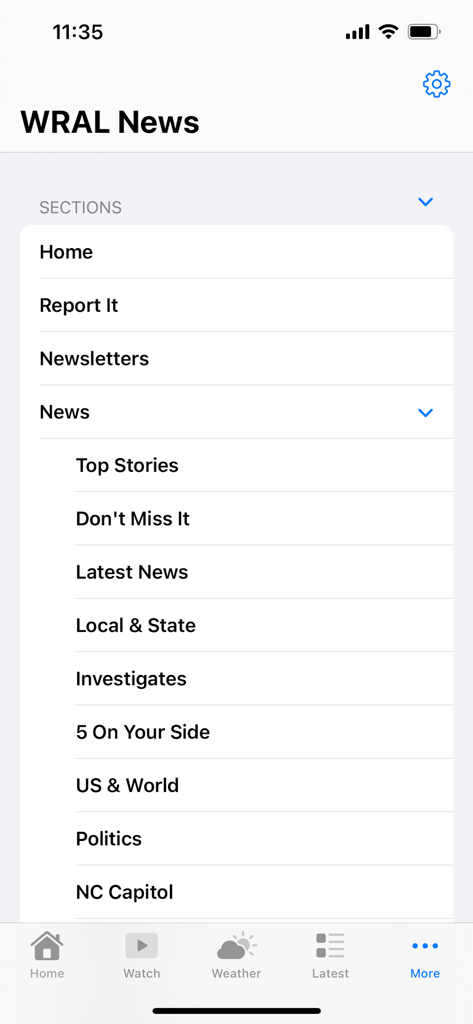 WRAL News Mobile - WRAL News app sections menu showing categories like Local and State Politics and Investigates
